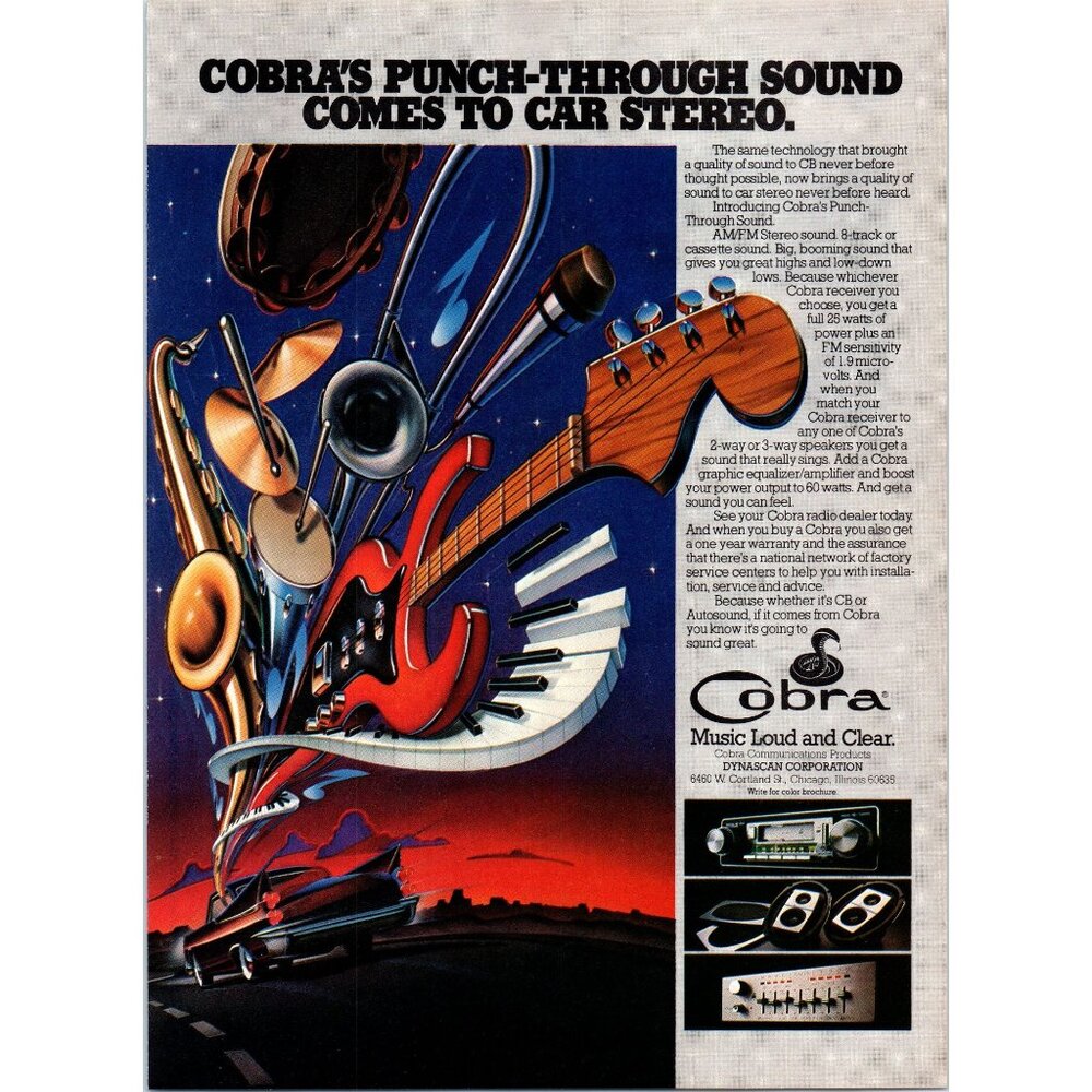 1980 Cobra Car Stereo Vintage Print Ad Electric Guitar Keyboard Trumpet Wall Art